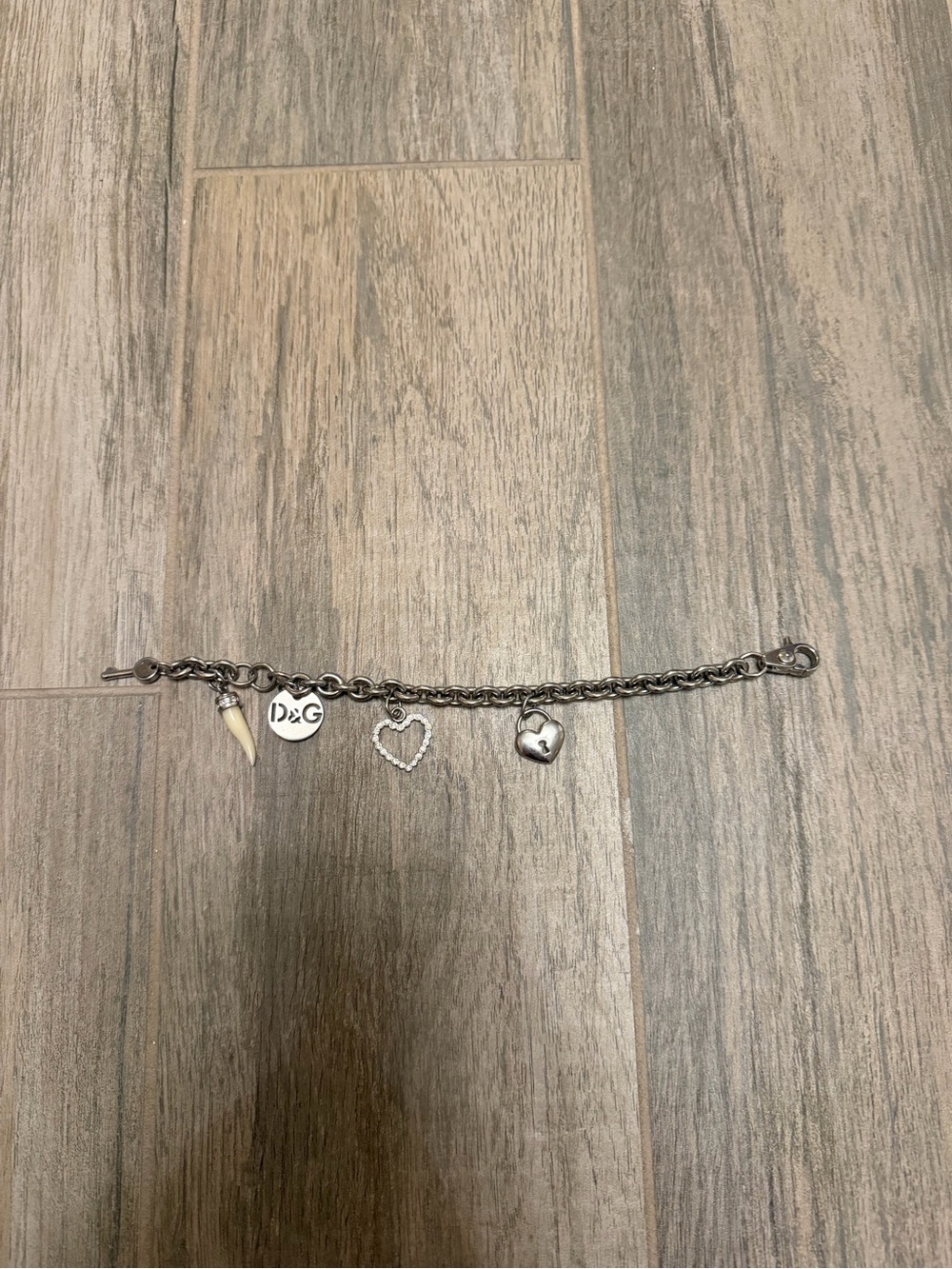 D&G Silver Charm Bracelet with Heart and Tooth Charms
